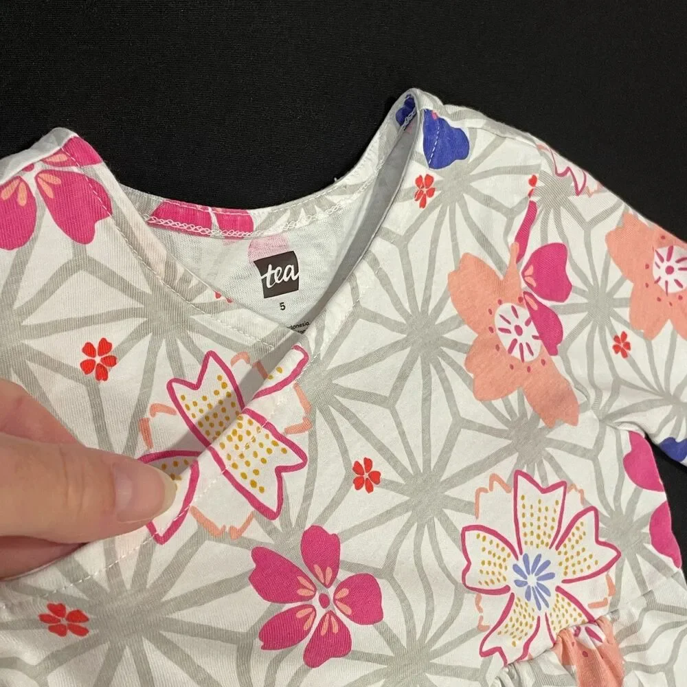 ~ Tea Dress, 5 Girls, Floral, Long Sleeve, Wrap, Pink Gray Purple Cotton Stretch